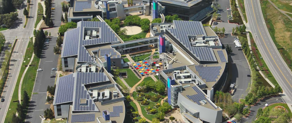 Aerial overview of the solar PV system installed on Google's main corporate headquarter campus